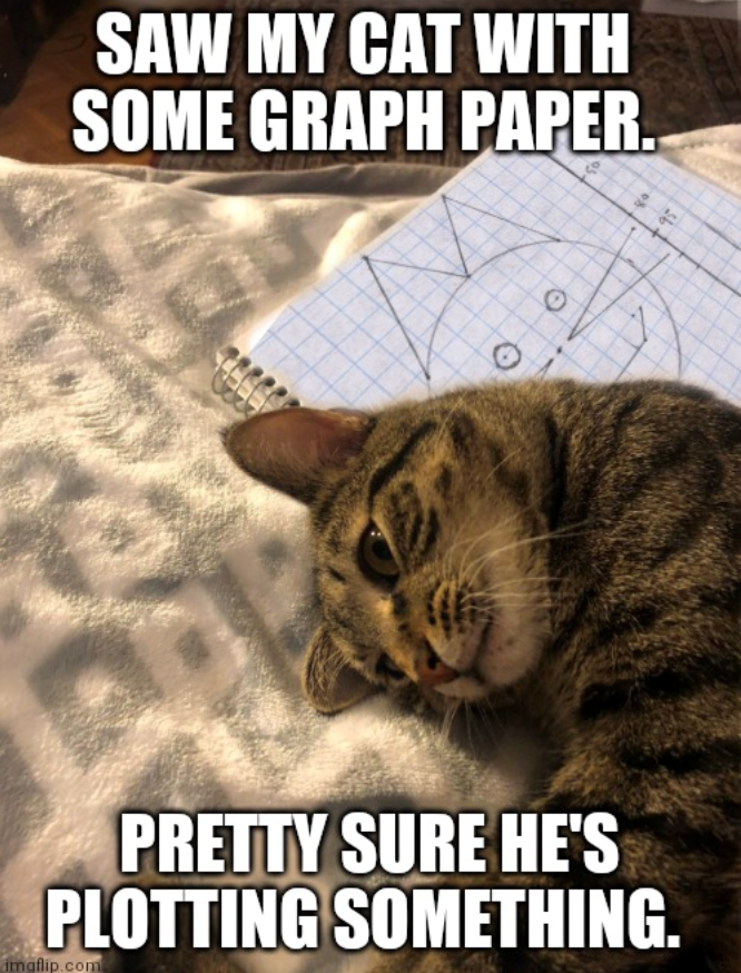SAW MY CAT WITH SOME GRAPH PAPER. PRETTY SURE HE'S PLOTTING SOMETHING. imaflip.com O 80. 95