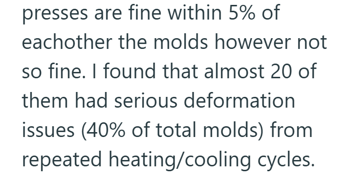 presses are fine within 5% of eachother the molds however not so fine. I found that almost 20 of them had serious deformation issues (40% of total molds) from repeated heating/cooling cycles.