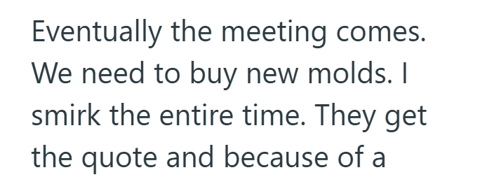 Eventually the meeting comes. We need to buy new molds. I smirk the entire time. They get the quote and because of a