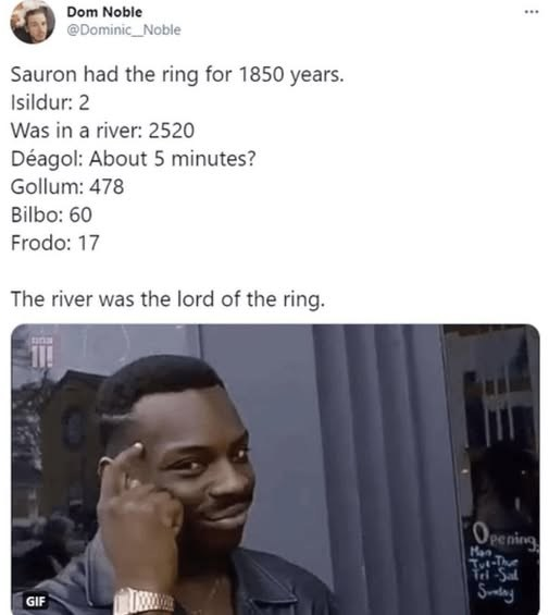 Dom Noble @Dominic_Noble Sauron had the ring for 1850 years. Isildur: 2 Was in a river: 2520 Déagol: About 5 minutes? Gollum: 478 Bilbo: 60 Frodo: 17 The river was the lord of the ring. GIF Opening Man Tri-Sal Swaday