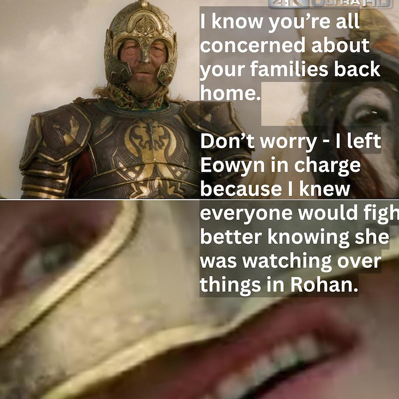 I know you're all concerned about your families back home. - Don't worry I left Eowyn in charge because I knew everyone would figh better knowing she was watching over things in Rohan.