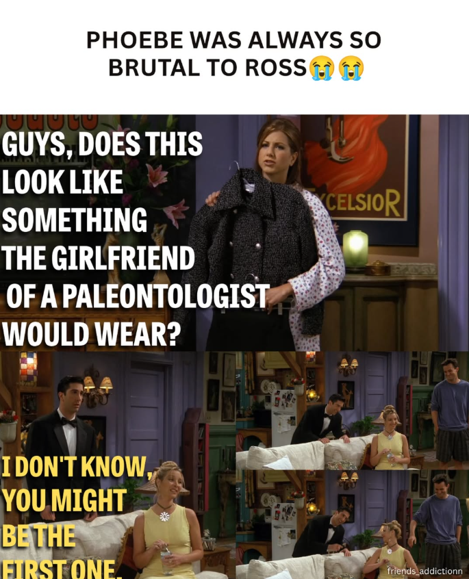 PHOEBE WAS ALWAYS SO BRUTAL TO ROSS GUYS, DOES THIS LOOK LIKE SOMETHING THE GIRLFRIEND OF A PALEONTOLOGIST WOULD WEAR? I DON'T KNOW, YOU MIGHT BE THE FIRST ONE. CELSIOR 1 friends addictionn