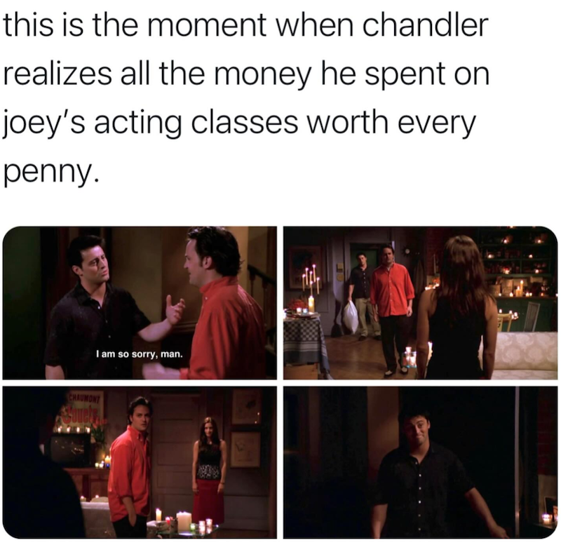 this is the moment when chandler realizes all the money he spent on joey's acting classes worth every penny. CHAUMONT Sovely I am so sorry, man.