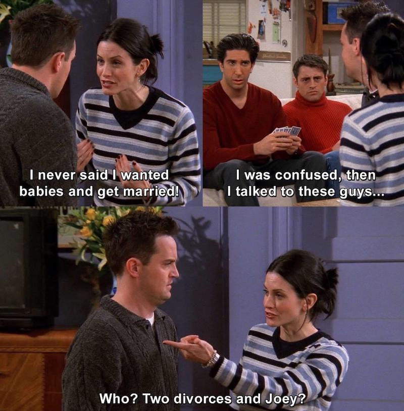 I never said I wanted babies and get married! I was confused, then I talked to these guys... Who? Two divorces and Joey?