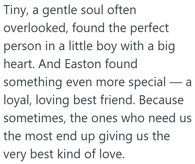 Tiny, a gentle soul often overlooked, found the perfect person in a little boy with a big heart. And Easton found something even more special — a loyal, loving best friend. Because sometimes, the ones who need us the most end up giving us the very best kind of love.
