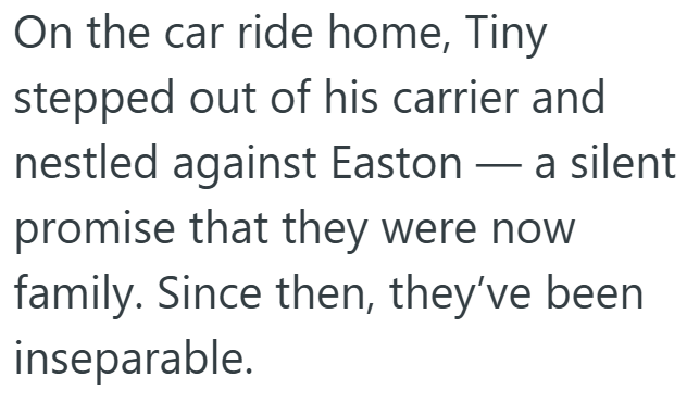 On the car ride home, Tiny stepped out of his carrier and nestled against Easton - a silent promise that they were now family. Since then, they've been inseparable.