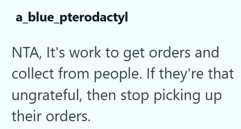 a_blue_pterodactyl NTA, It's work to get orders and collect from people. If they're that ungrateful, then stop picking up their orders.