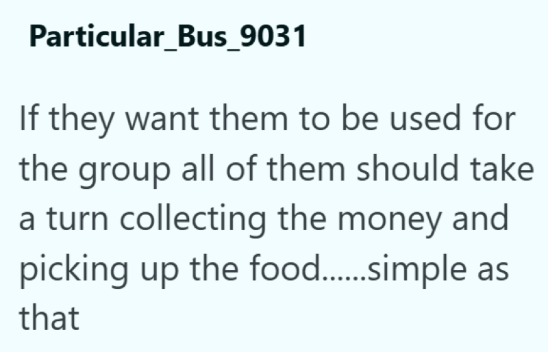 Particular_Bus_9031 If they want them to be used for the group all of them should take a turn collecting the money and picking up the food......simple as that