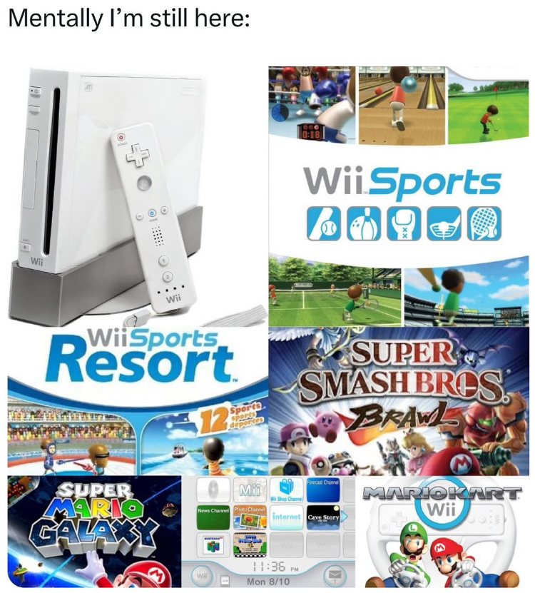 Mentally I'm still here: Wii 0:18 Wii Sports 60904 Wii WiiSports Resort SUPER MARIO GALAXY 12 Sports sports deportes Mii News Channel Photo Channel Shop Channel SUPER SMASH BROS. BRAWL Forecast Channel MARIOKART Wii Internet Cave Story Wil 11:36 PM Mon 8/10