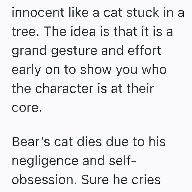 innocent like a cat stuck in a tree. The idea is that it is a grand gesture and effort early on to show you who the character is at their core. Bear's cat dies due to his negligence and self- obsession. Sure he cries