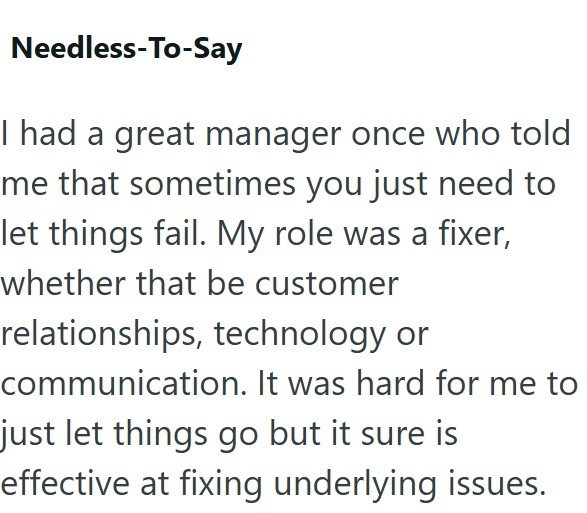 Needless-To-Say I had a great manager once who told me that sometimes you just need to let things fail. My role was a fixer, whether that be customer relationships, technology or communication. It was hard for me to just let things go but it sure is effective at fixing underlying issues.
