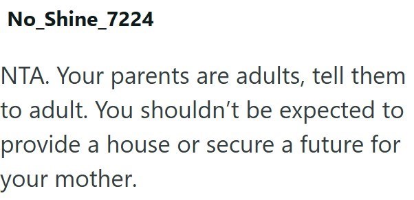 No_Shine_7224 NTA. Your parents are adults, tell them to adult. You shouldn't be expected to provide a house or secure a future for your mother.