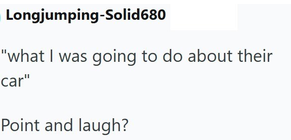 Longjumping-Solid680 "what I was going to do about their car" Point and laugh?