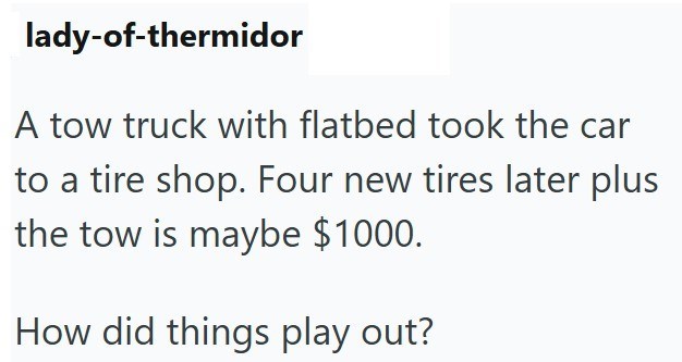 lady-of-thermidor A tow truck with flatbed took the car to a tire shop. Four new tires later plus the tow is maybe $1000. How did things play out?