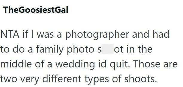 TheGoosiestGal NTA if I was a photographer and had to do a family photo s ot in the middle of a wedding id quit. Those are two very different types of shoots.