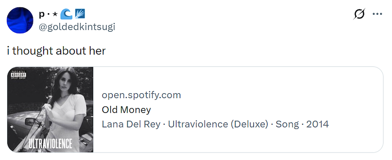 @goldedkintsugi i thought about her ADVISORY ULTRAVIOLENCE open.spotify.com Old Money Lana Del Rey • Ultraviolence (Deluxe) · Song 2014 ...