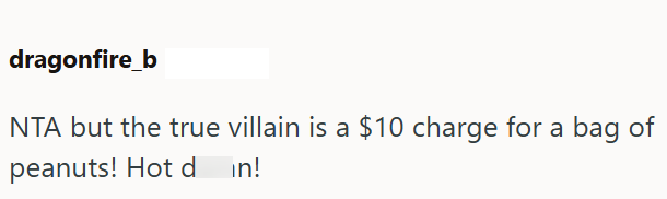 dragonfire_b NTA but the true villain is a $10 charge for a bag of peanuts! Hot din!