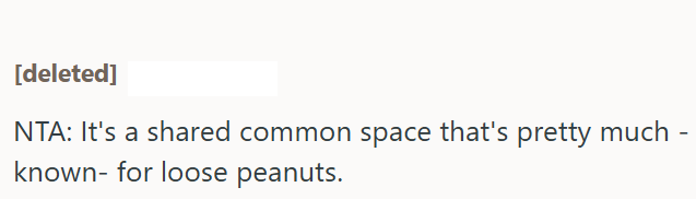 [deleted] NTA: It's a shared common space that's pretty much known- for loose peanuts.