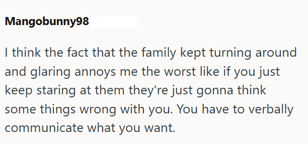 Mangobunny98 I think the fact that the family kept turning around and glaring annoys me the worst like if you just keep staring at them they're just gonna think some things wrong with you. You have to verbally communicate what you want.