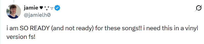 jamie @jamielho i am SO READY (and not ready) for these songs!! i need this in a vinyl version fs!