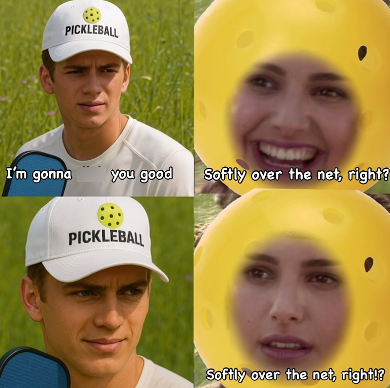 PICKLEBALL I'm gonna you good Softly over the net, right? PICKLEBALL Softly over the net, right!?