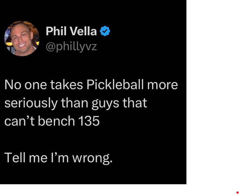 Phil Vella @phillyvz No one takes Pickleball more seriously than guys that can't bench 135 Tell me I'm wrong.