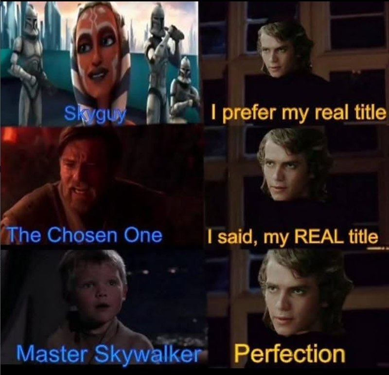 Skyguy I prefer my real title The Chosen One I said, my REAL title Master Skywalker Perfection