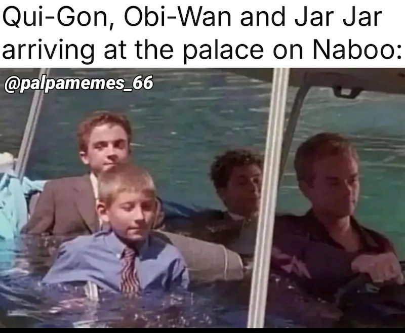 Qui-Gon, Obi-Wan and Jar Jar arriving at the palace on Naboo: @palpamemes_66