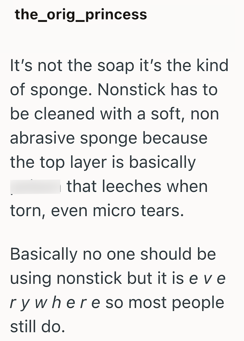the_orig_princess It's not the soap it's the kind of sponge. Nonstick has to be cleaned with a soft, non abrasive sponge because the top layer is basically that leeches when torn, even micro tears. Basically no one should be using nonstick but it is e ve ry where so most people still do.