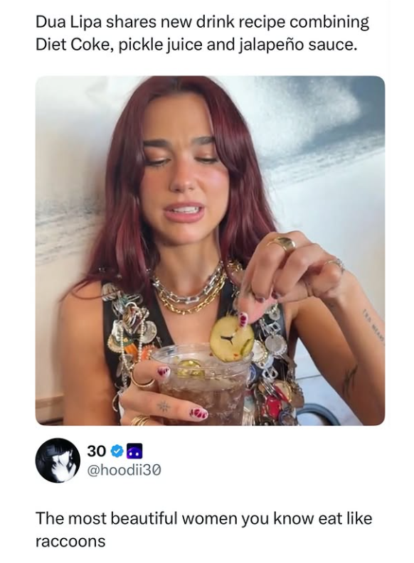 Dua Lipa shares new drink recipe combining Diet Coke, pickle juice and jalapeño sauce. 30. @hoodii30 The most beautiful women you know eat like raccoons