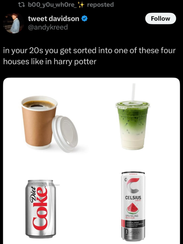 tboo_you_whore_++reposted tweet davidson @andykreed Follow in your 20s you get sorted into one of these four houses like in harry potter Diet Coke reed CELSIUS SPARKLING ESSENTIAL ENERGY