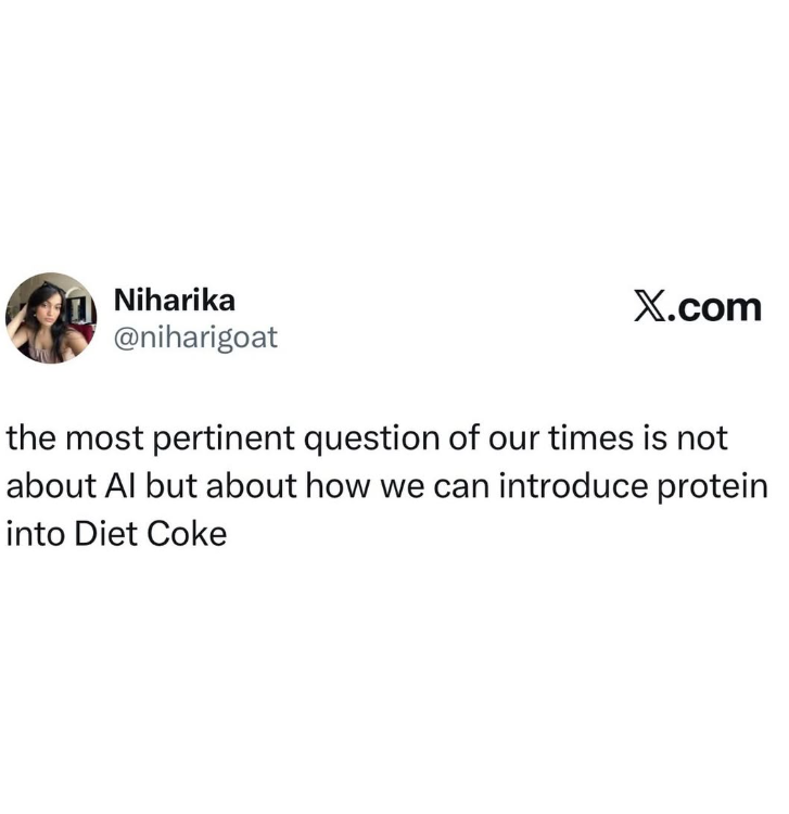 Niharika @niharigoat X.com the most pertinent question of our times is not about Al but about how we can introduce protein into Diet Coke