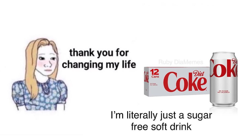 thank you for changing my life 12 Cans Ruby DiaMemes Diet Coke I'm literally just a sugar free soft drink ok NO SUGAR NO CALORIES