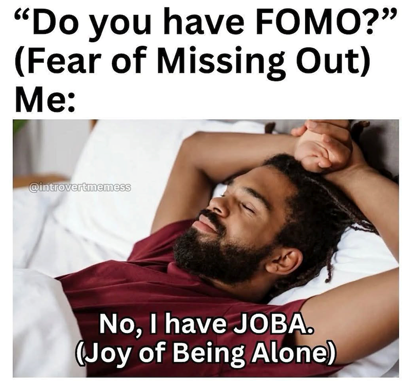 "Do you have FOMO?" (Fear of Missing Out) Me: @introvertmemess No, I have JOBA. (Joy of Being Alone)
