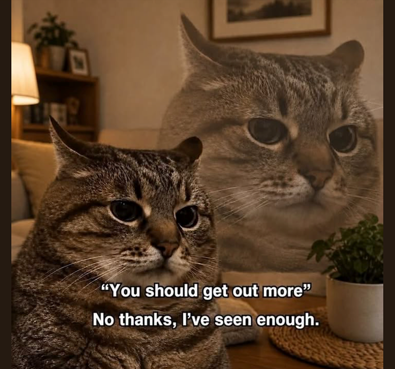 "You should get out more" No thanks, I've seen enough.