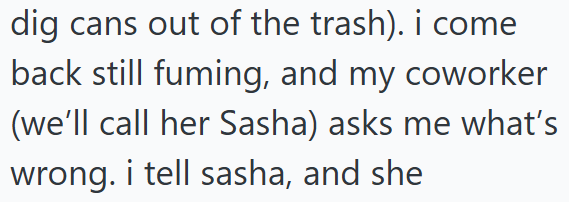 dig cans out of the trash). i come back still fuming, and my coworker (we'll call her Sasha) asks me what's wrong. i tell sasha, and she