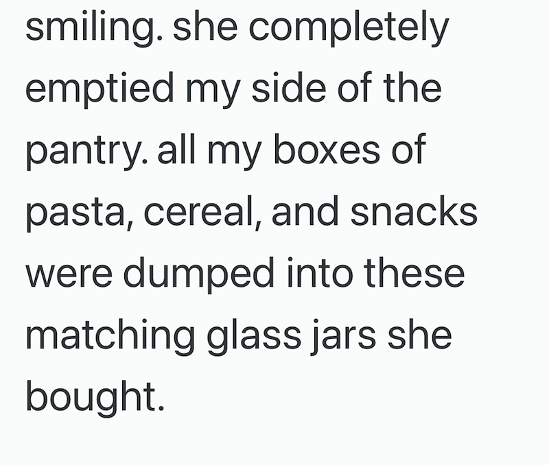 smiling, she completely emptied my side of the pantry, all my boxes of pasta, cereal, and snacks were dumped into these matching glass jars she bought.