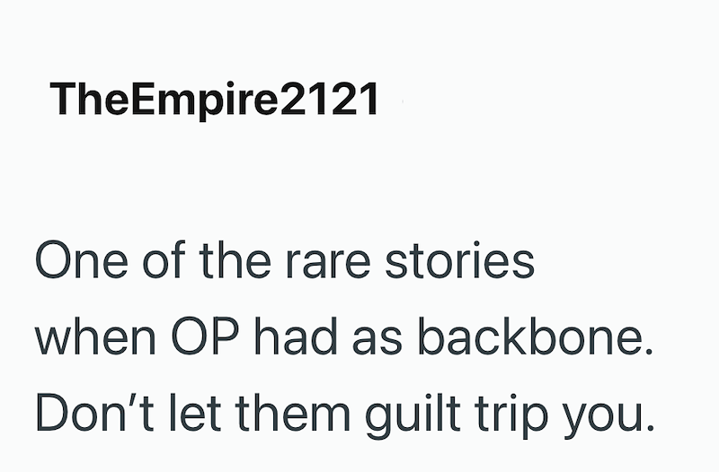 TheEmpire2121 One of the rare stories when OP had as backbone. Don't let them guilt trip you.