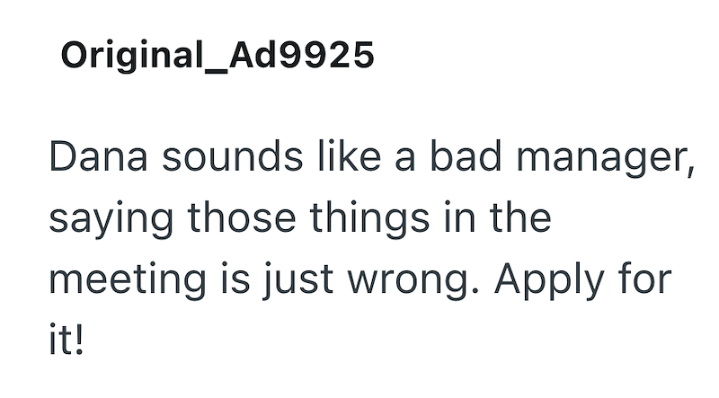Original_Ad9925 Dana sounds like a bad manager, saying those things in the meeting is just wrong. Apply for it!