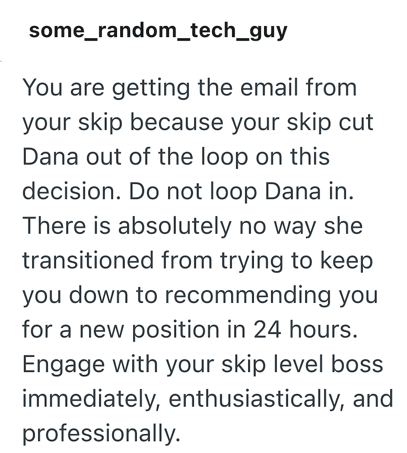 some_random_tech_guy You are getting the email from your skip because your skip cut Dana out of the loop on this decision. Do not loop Dana in. There is absolutely no way she transitioned from trying to keep you down to recommending you for a new position in 24 hours. Engage with your skip level boss immediately, enthusiastically, and professionally.