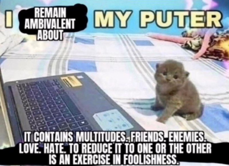 REMAIN AMBIVALENT ABOUT MY PUTER IT CONTAINS MULTITUDES FRIENDS. ENEMIES. LOVE. HATE. TO REDUCE IT TO ONE OR THE OTHER IS AN EXERCISE IN FOOLISHNESS.