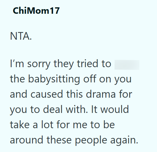 ChiMom17 NTA. I'm sorry they tried to the babysitting off on you and caused this drama for you to deal with. It would take a lot for me to be around these people again.