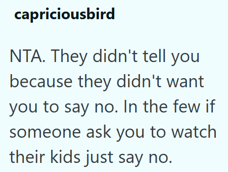 capriciousbird NTA. They didn't tell you because they didn't want you to say no. In the few if someone ask you to watch their kids just say no.