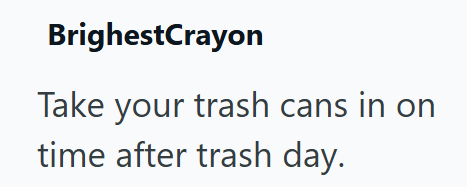 BrighestCrayon Take your trash cans in on time after trash day.