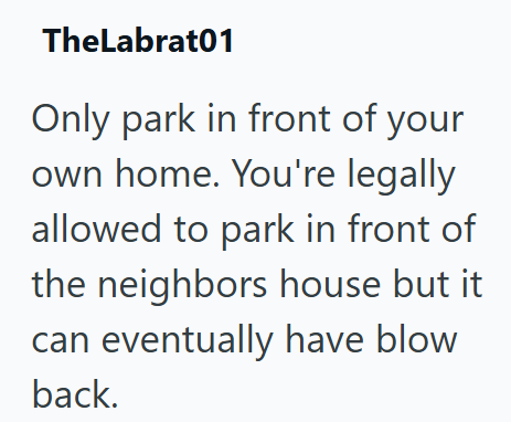 TheLabrat01 Only park in front of your own home. You're legally allowed to park in front of the neighbors house but it can eventually have blow back.