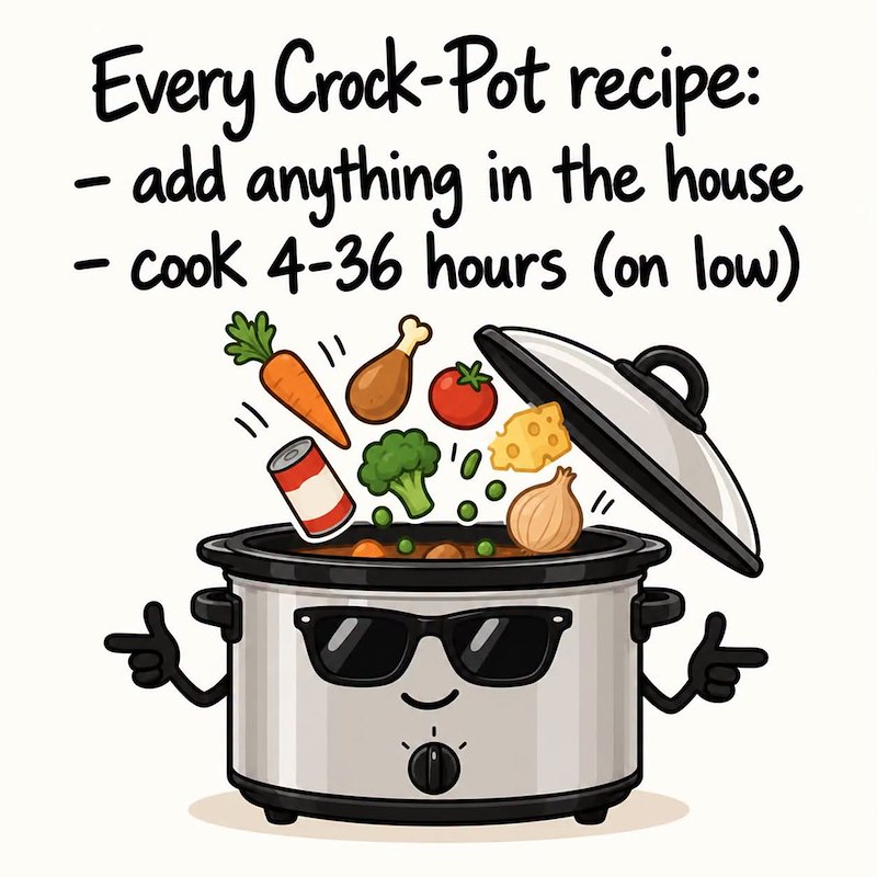 " - - Every Crock-Pot recipe: - add anything in the house cook 4-36 hours (on low)