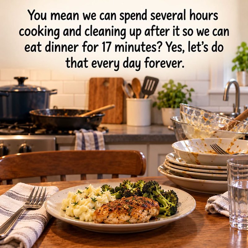 You mean we can spend several hours cooking and cleaning up after it so we can eat dinner for 17 minutes? Yes, let's do that every day forever.