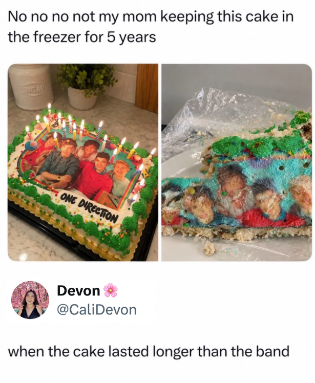 No no no not my mom keeping this cake in the freezer for 5 years ONE DIRECTION Devon @CaliDevon when the cake lasted longer than the band