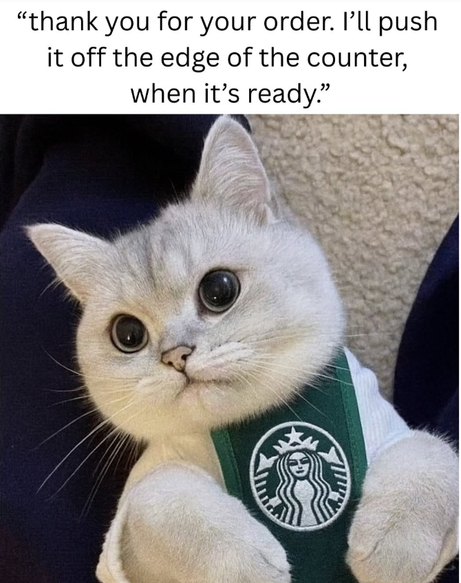 "thank you for your order. I'll push it off the edge of the counter, when it's ready."