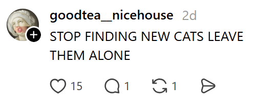 goodtea_nicehouse 2d + STOP FINDING NEW CATS LEAVE THEM ALONE 15 Q1 1 Ө